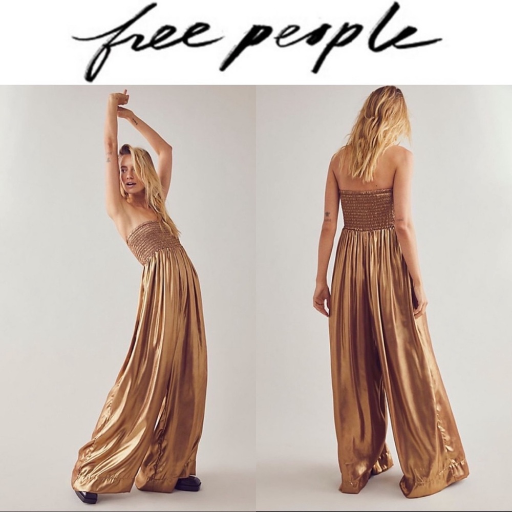 *NWT Free People Gold Julie One Piece Wide Leg Strapless Jumpsuit*